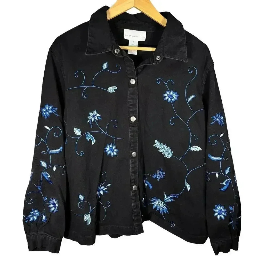 Susan Graver Style Black Denim Embroidered Snap Button Jacket Large